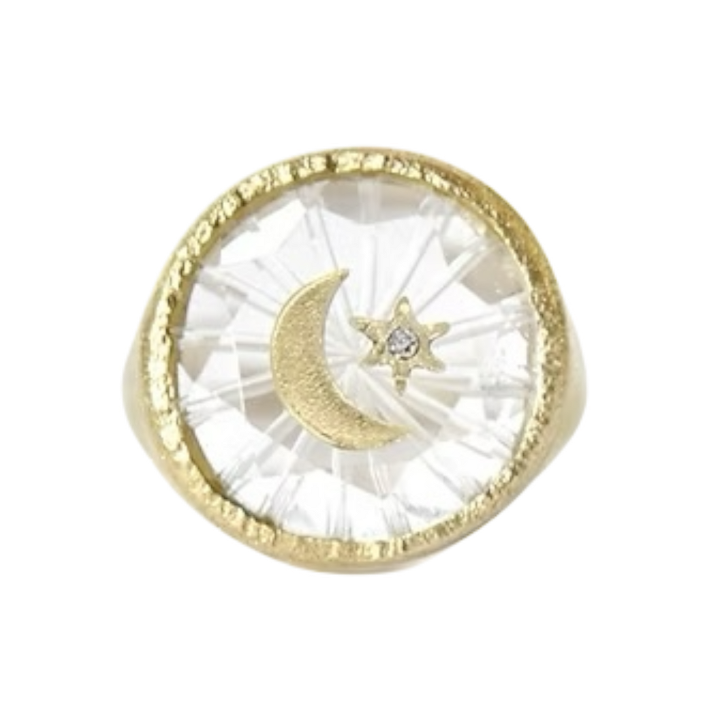 Crescent Star Amulet Signet Ring, 14k Gold & Carved Quartz: Size 7