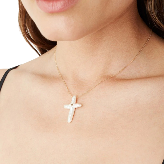 White Pearl Cross 14k Gold Necklace with Diamond