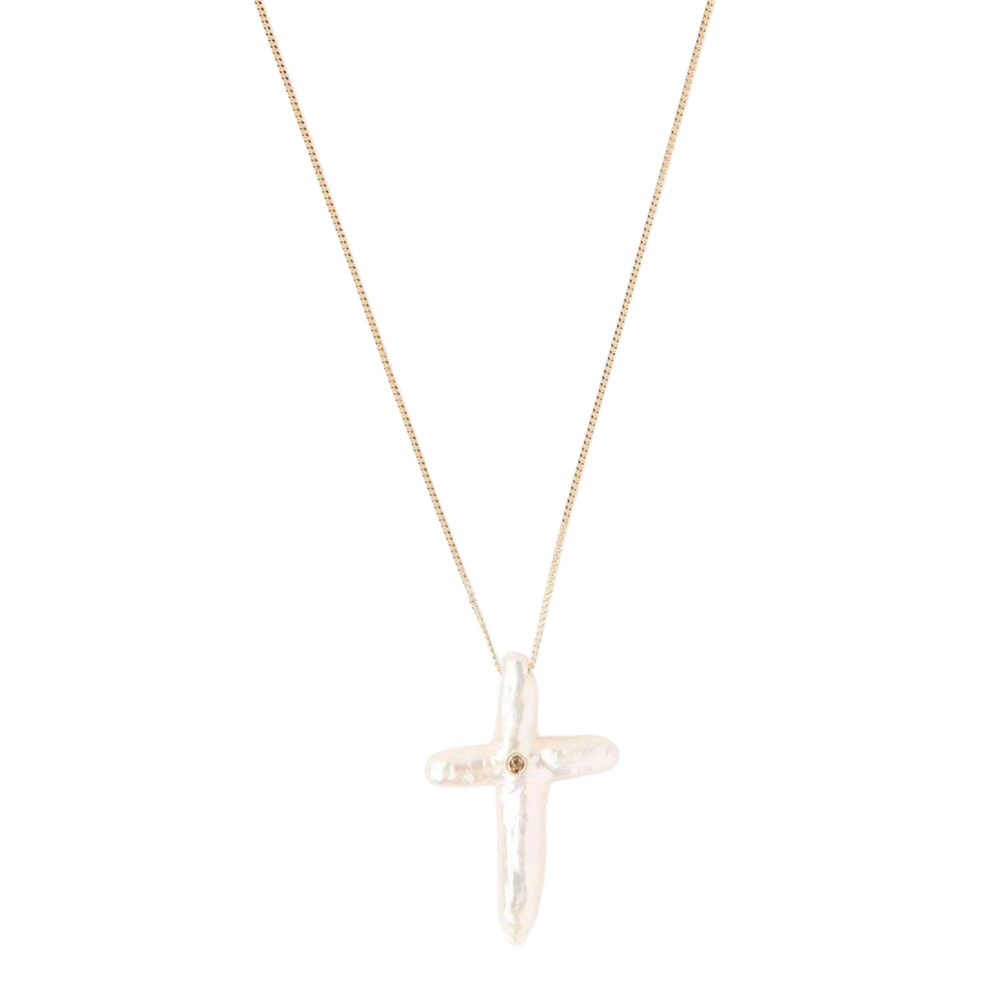 White Pearl Cross 14k Gold Necklace with Diamond