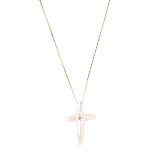White Pearl Cross 14k Gold Necklace with Diamond