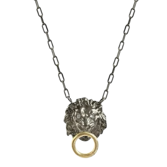 Mixed Metal Lion Charm Holder w Diamond Eyes