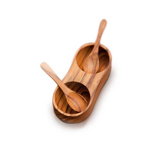 Teak Salt and Pepper Cellar with Spoons