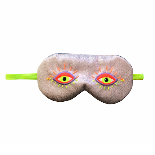 Platinum Silk Fluorescent Green and Coral Embroidered Sleep Mask